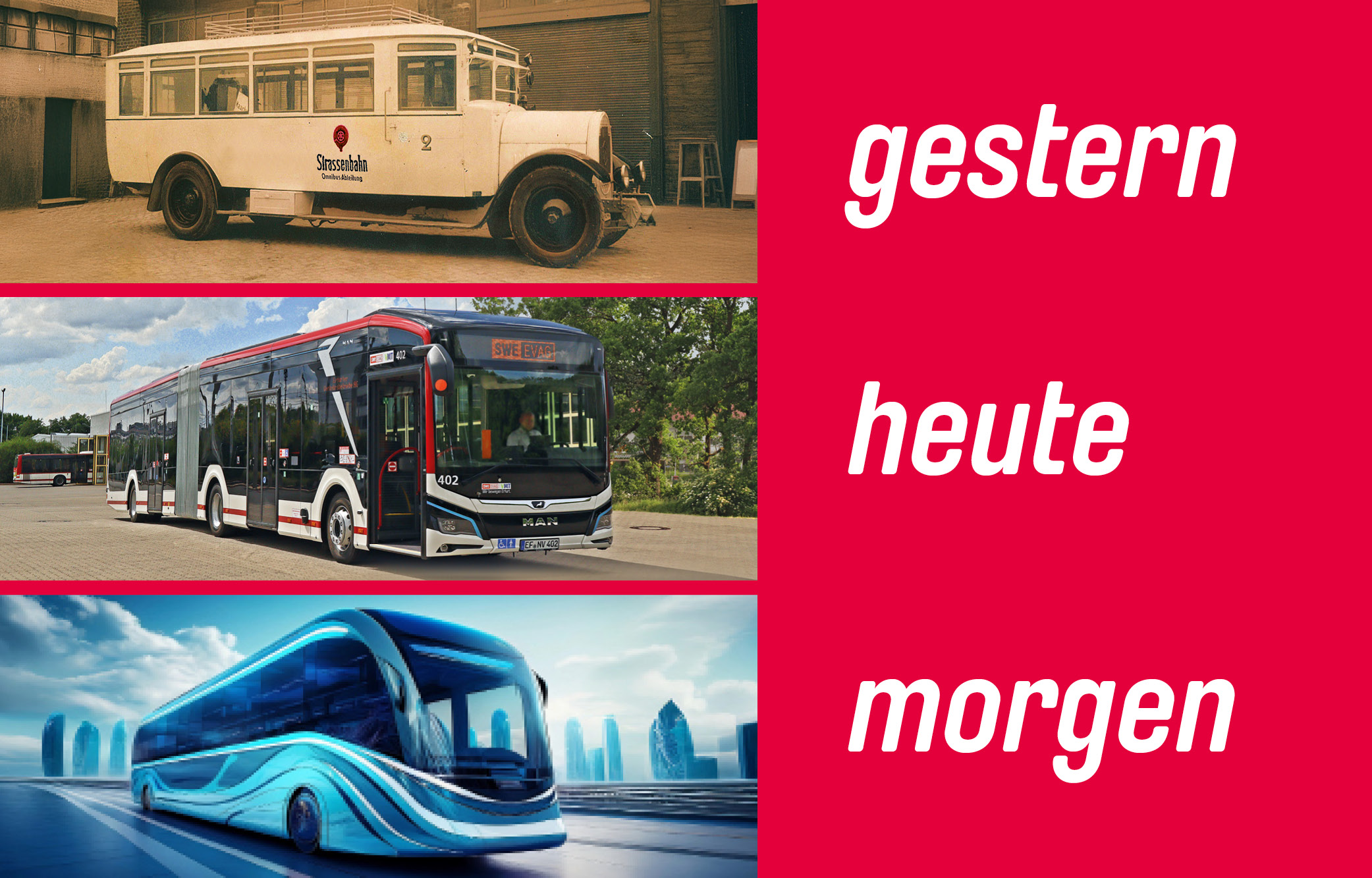 Grafik mit drei Bus-Bildern gestern, heute und morgen.