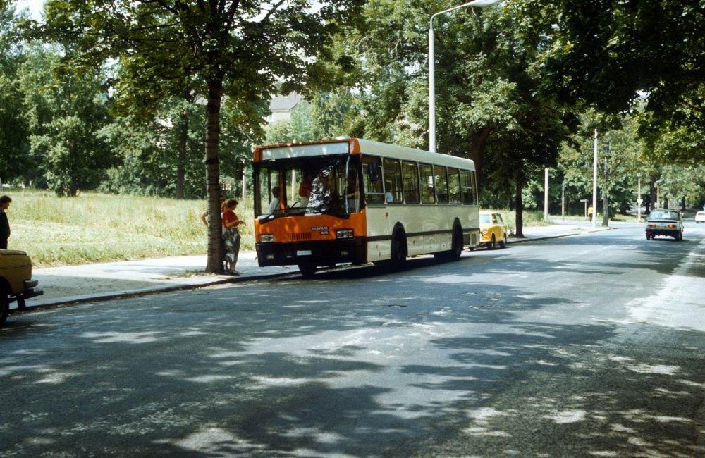 Von vorn: Ikarus 415, in der zur 750-Jahr-Feier für Ostberlin (1987) kreierten Farbgebung lackiert, mit einem Dresdner Kennzeichen.